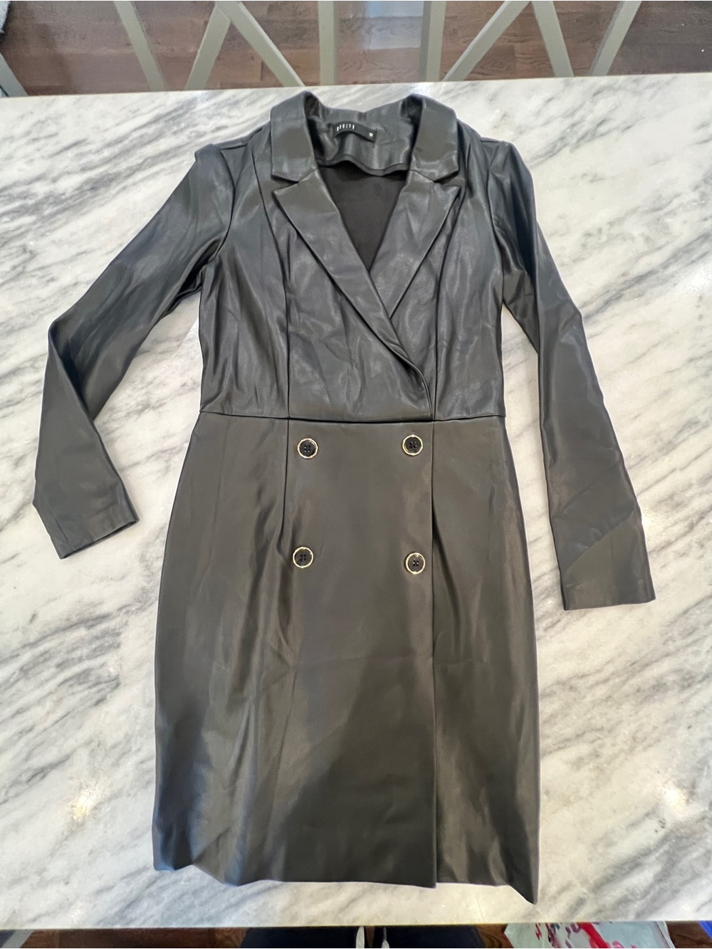 MOHITO Black Faux Leather Double-Breasted Trench Coat Dress